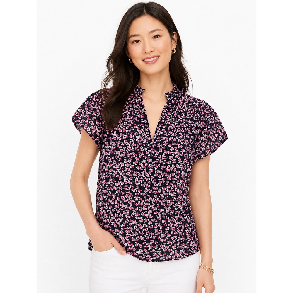 J.Crew Womens Pink Floral Flutter Sleeve Ruffle Neck Blouse Navy XS BA741 NWT
